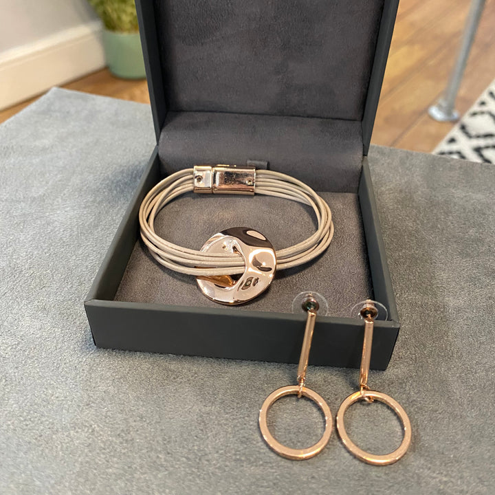 Rose Gold Earrings & Taupe Bracelet Gift Set