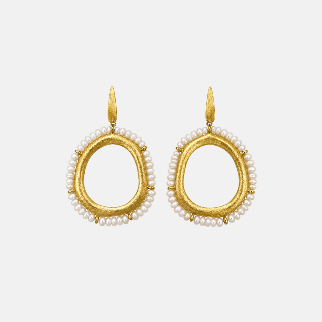 Textured Gold Fresh Water Pearl Drop Earrings