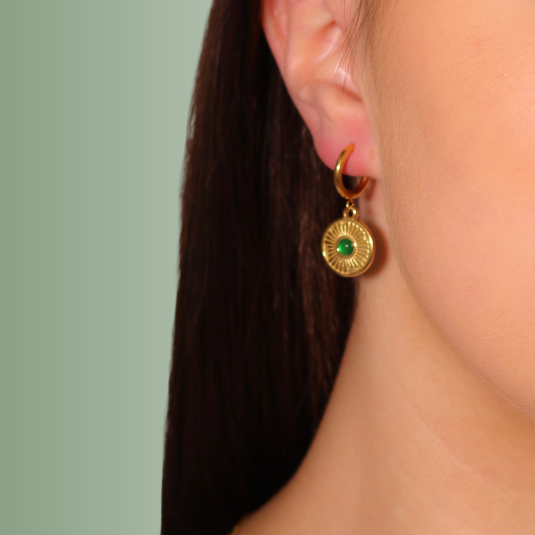Amal Gold Huggie Gold Emerald Disc Earrings