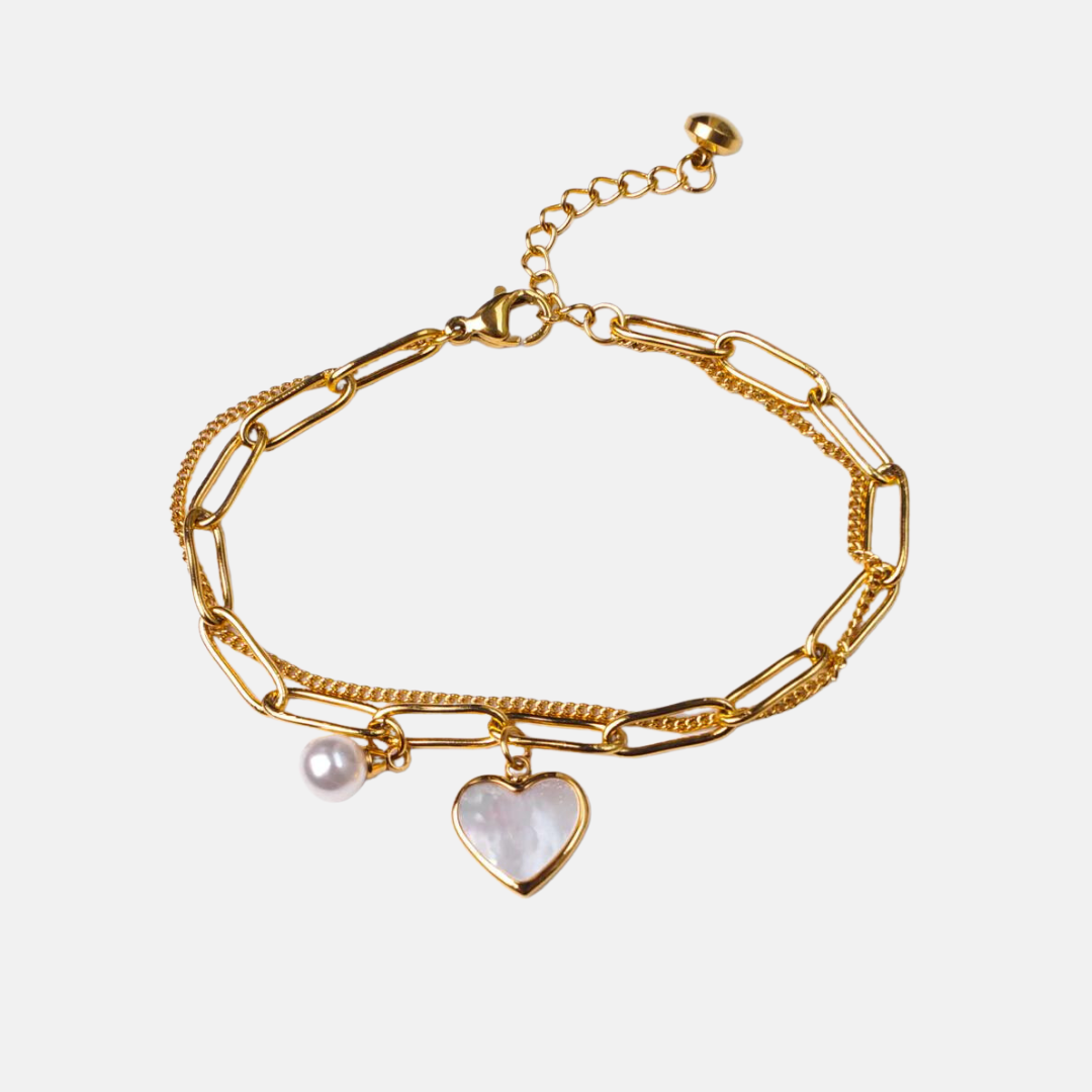 Mother of Pearl Heart Charm Square Link Bracelet