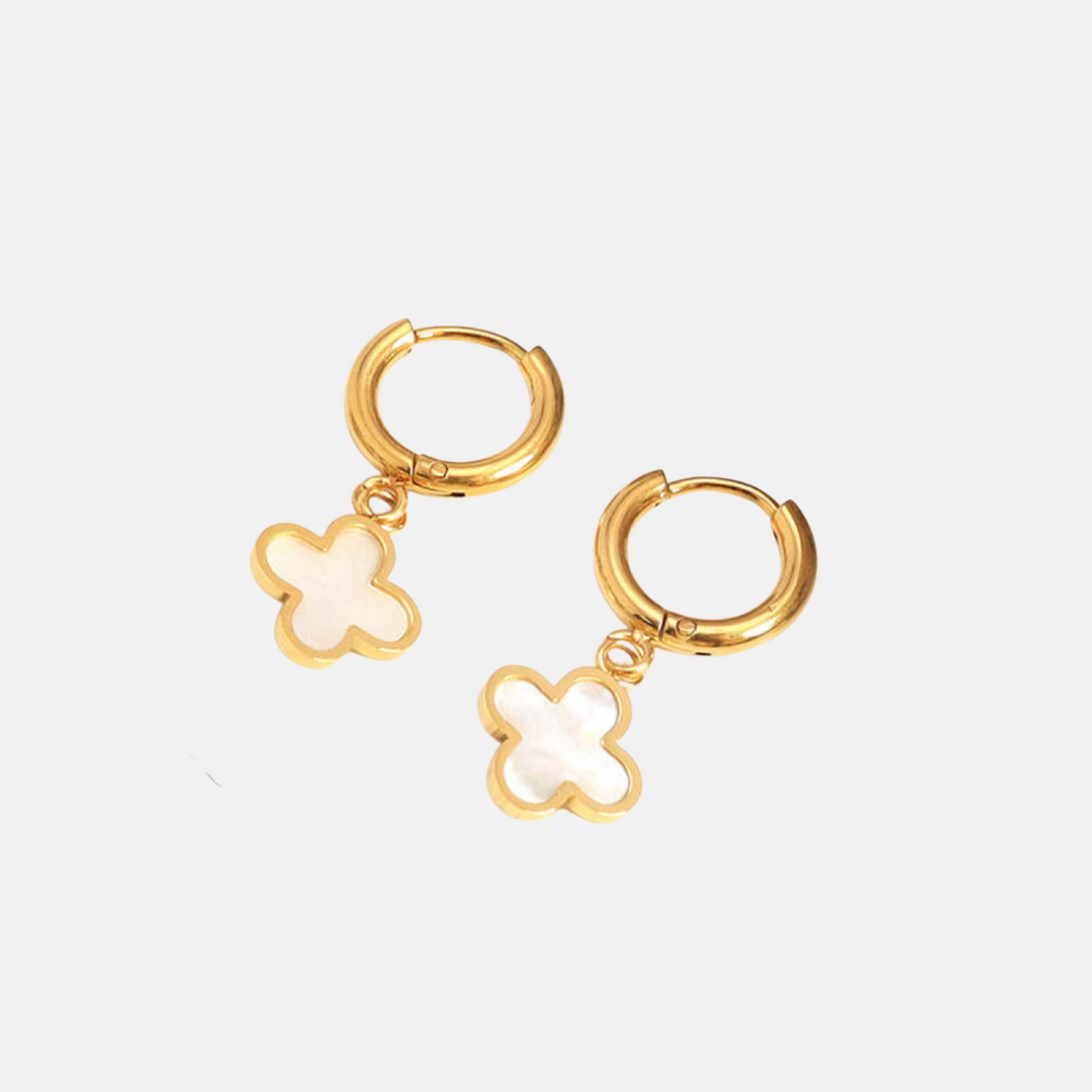 Lani Mother of Pearl Clover Charm Gold Huggie Hoop Earrings