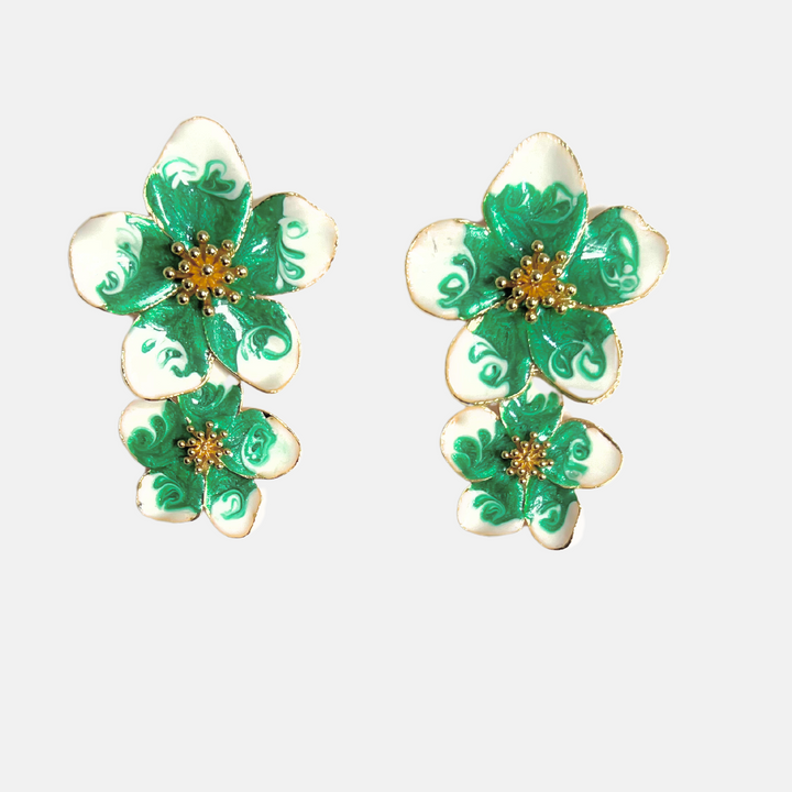 Bernini Green & White Enamel Flower Earrings