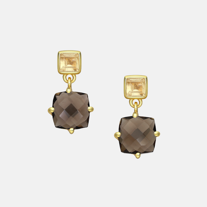 Petite Gemstone Drop Earrings - Peridot & Aventurine | Lemon + Smokey Quartz