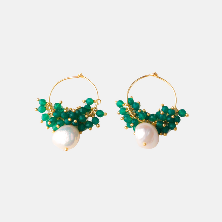Baroque Pearl Green Onyx Hoop Earrings