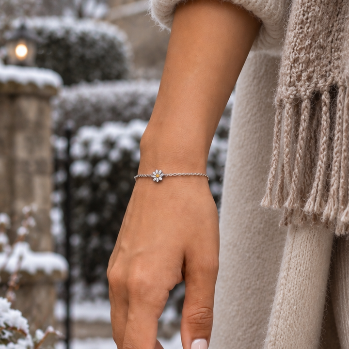 Enamel Daisy Sterling Silver Bracelet