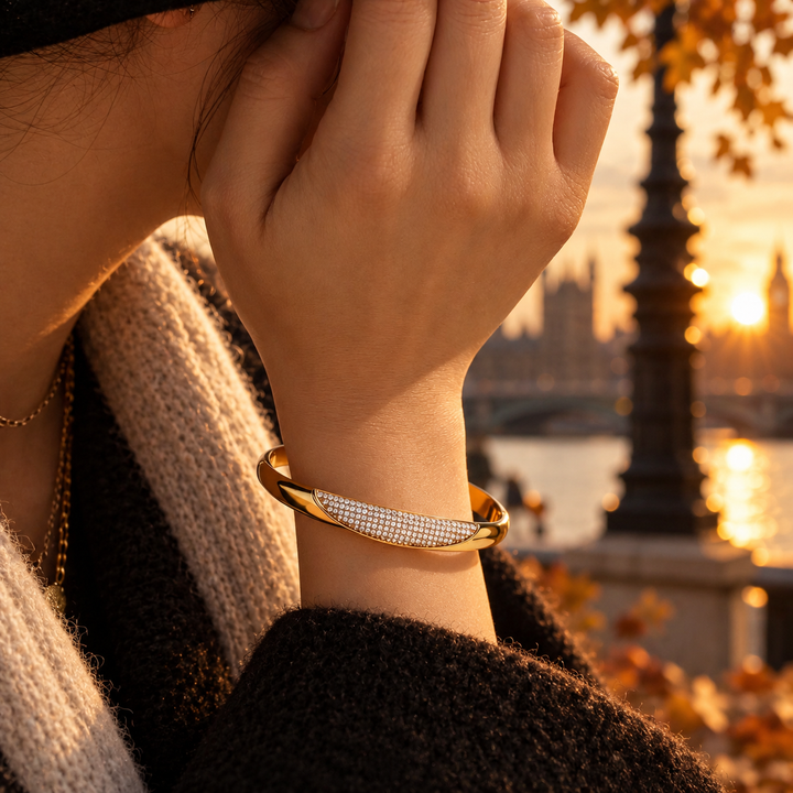 Pavé White Stone Polished Cuff Bracelet - Steel | Gold Steel