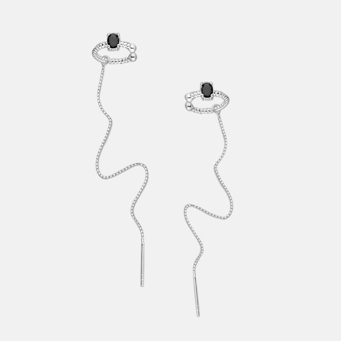 Silver Black Stone Ear Cuff & Chain Earrings