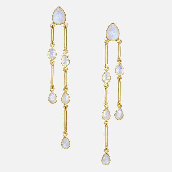 Tear Drop Gems Matt Gold Articulate Earrings - Moonstone | Chalcedony