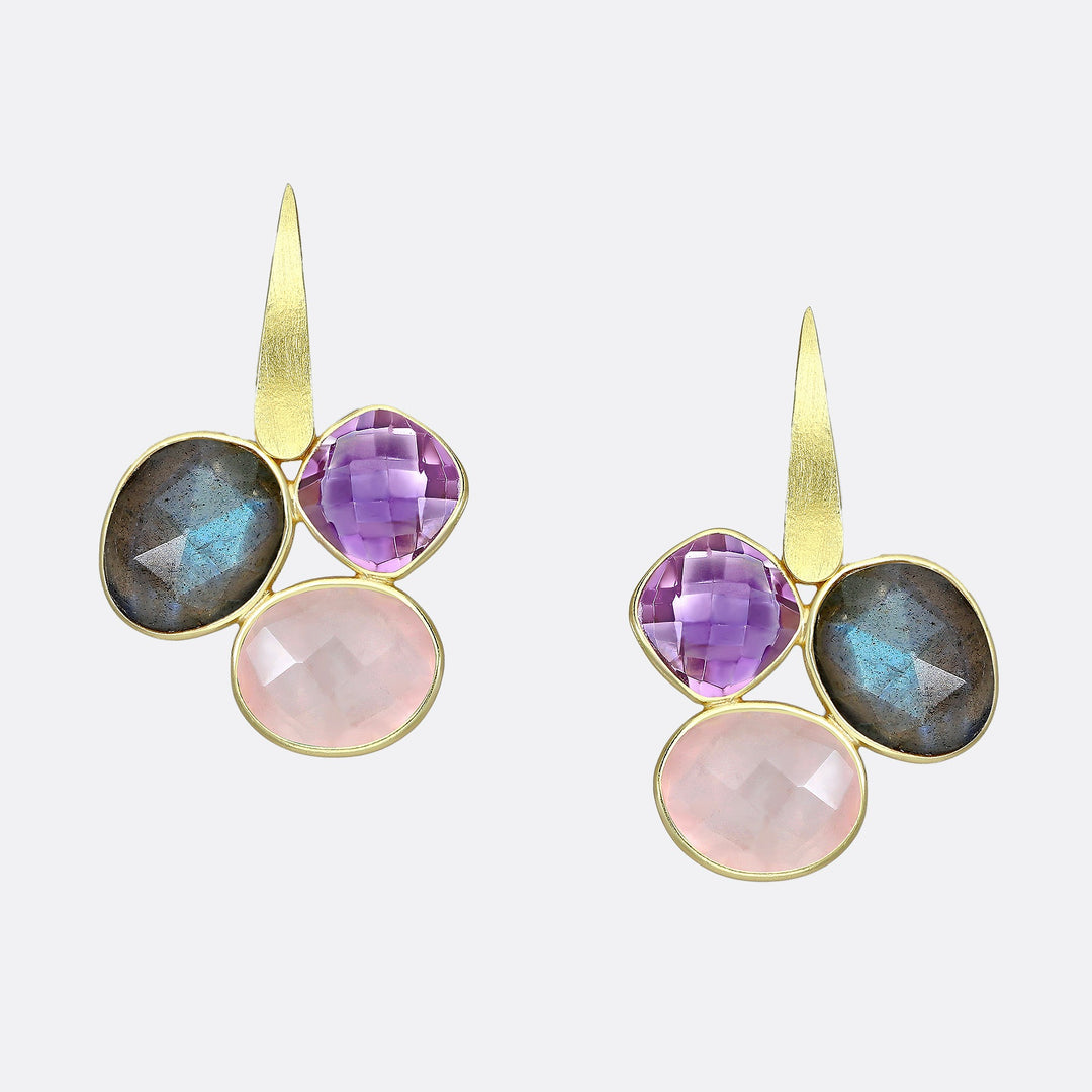 Trilogy Gemstone Gold Matt Drop Earrings