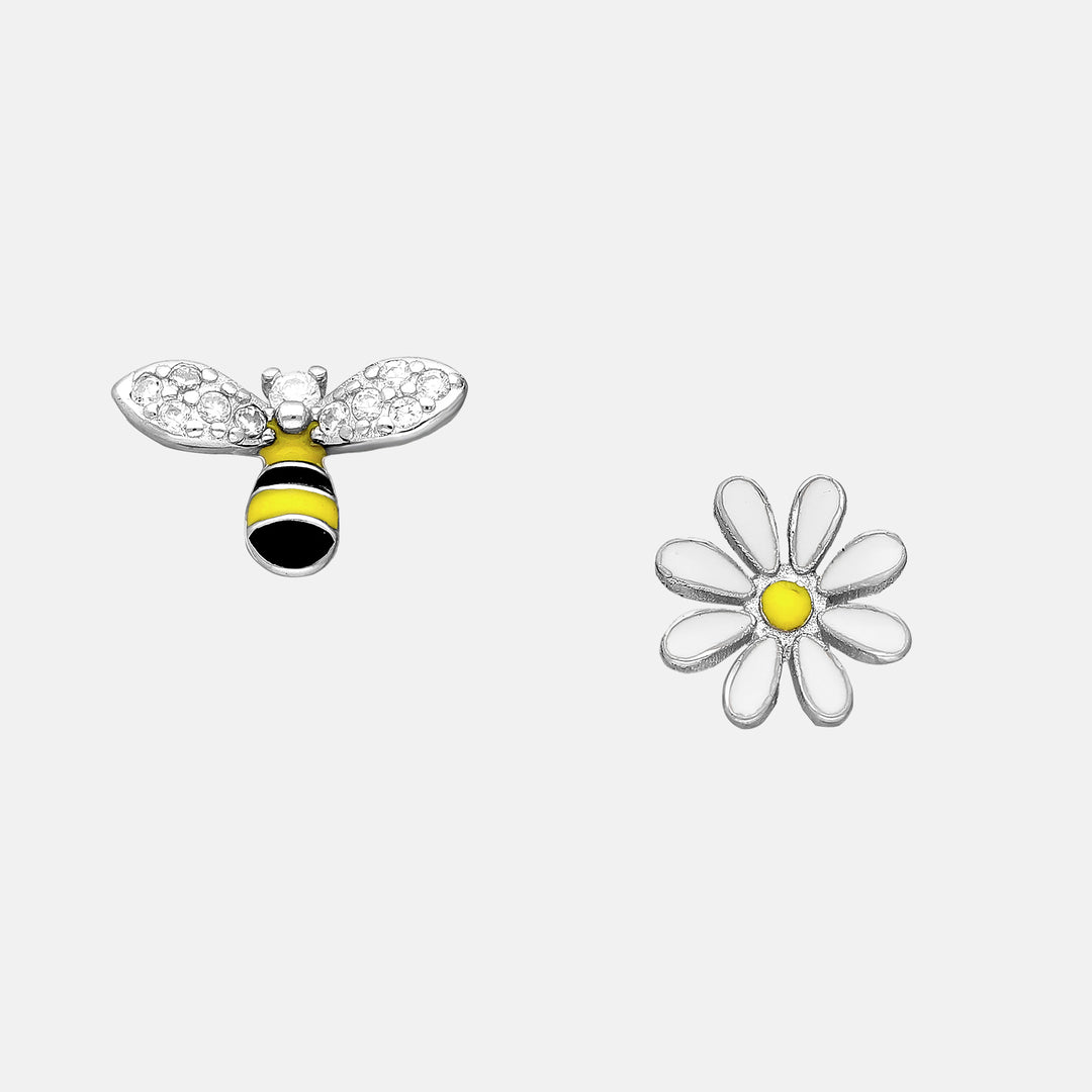 Asymmetrical Bee & Daisy Sterling Silver Stud Earrings