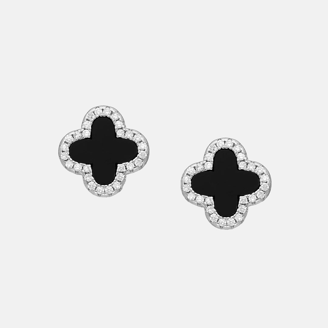 Zircon Onyx Clover Sterling Silver Stud Earrings