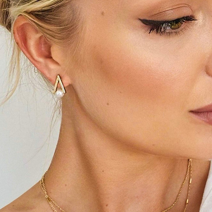 Scarlett Triangle Pearl Gold Stud Earrings