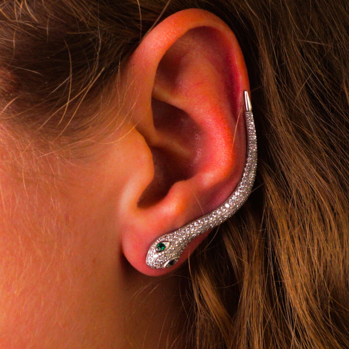 Silver Zircon Asymmetrical Snake Climber Earrings