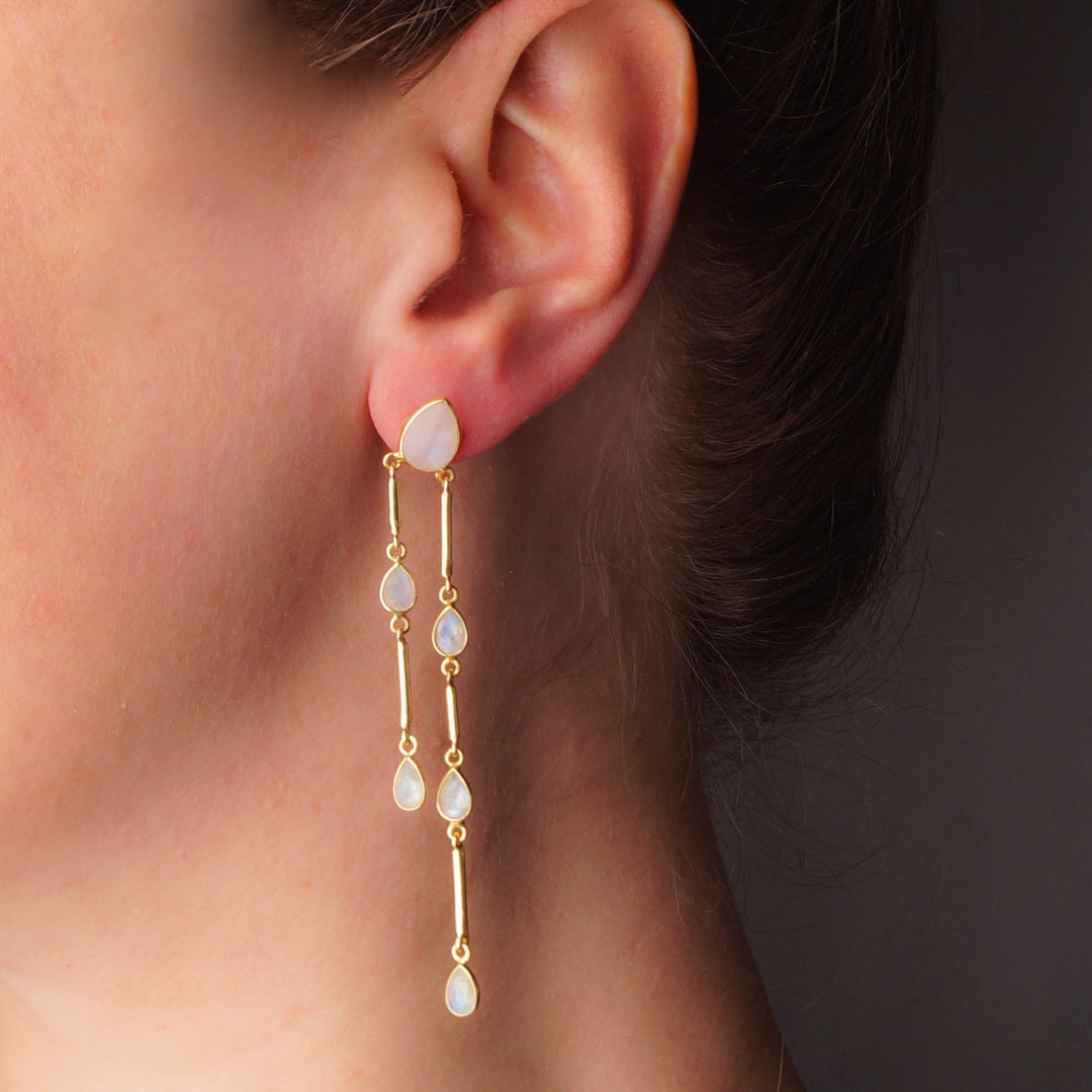 Tear Drop Gems Matt Gold Articulate Earrings - Moonstone | Chalcedony