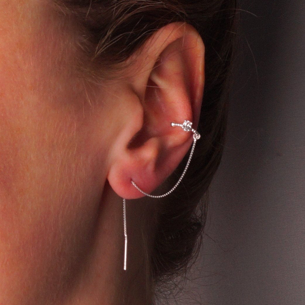 Silver White Stone Ear Cuff & Chain Earrings
