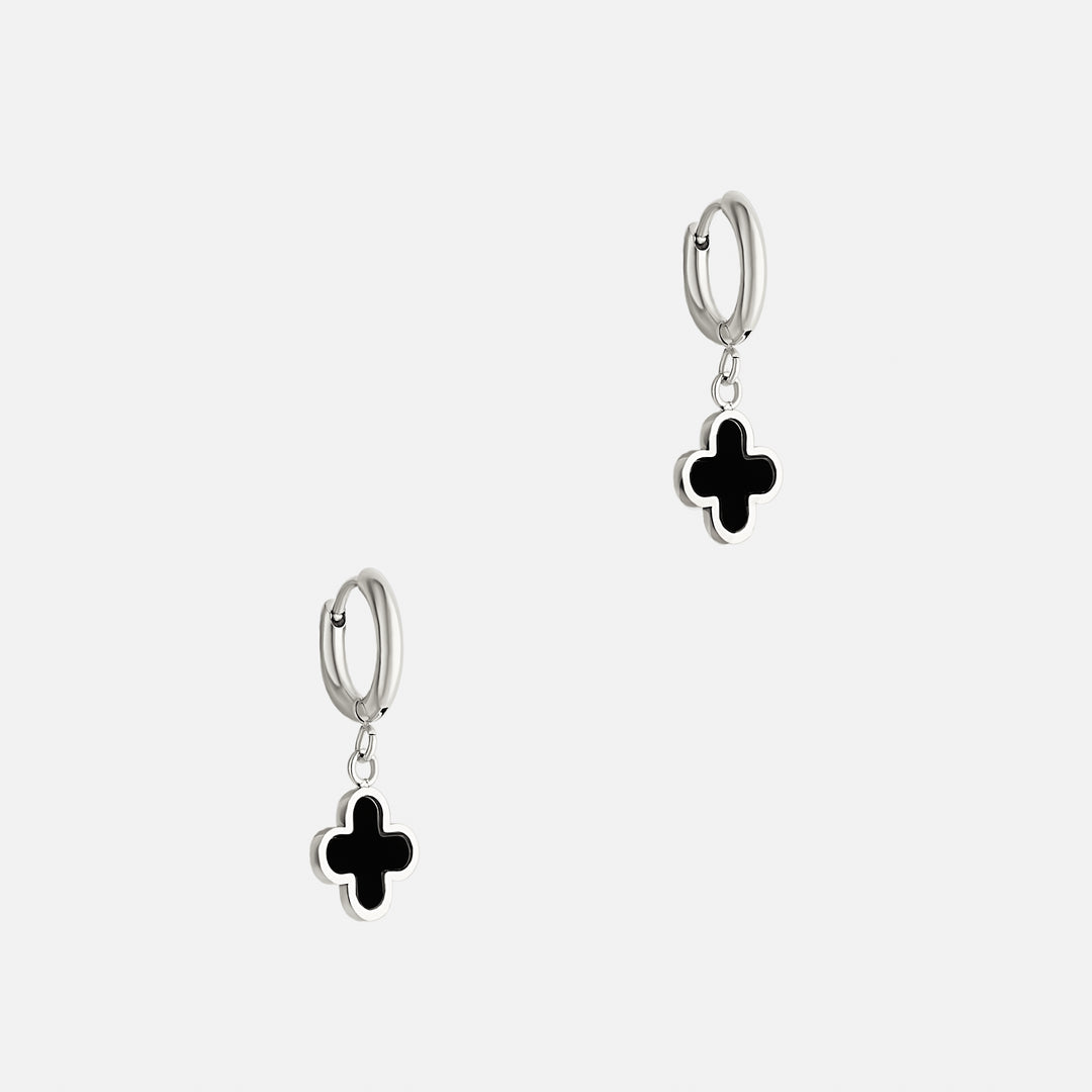 Lani Black Clover Charm Silver Hoops